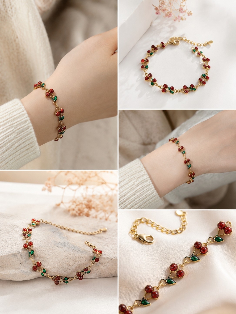 Gold Bracelet with Red and Green Cherry Beads - Women Jewelry
